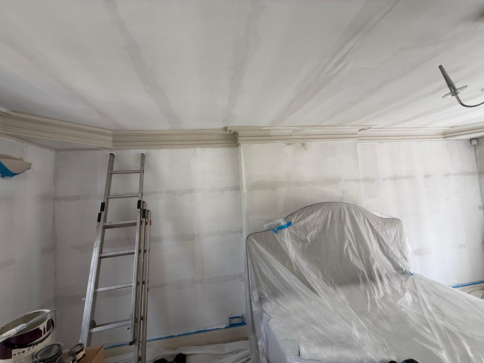 Lounge ceiling freshly skimmed with decorative coving ready for paint