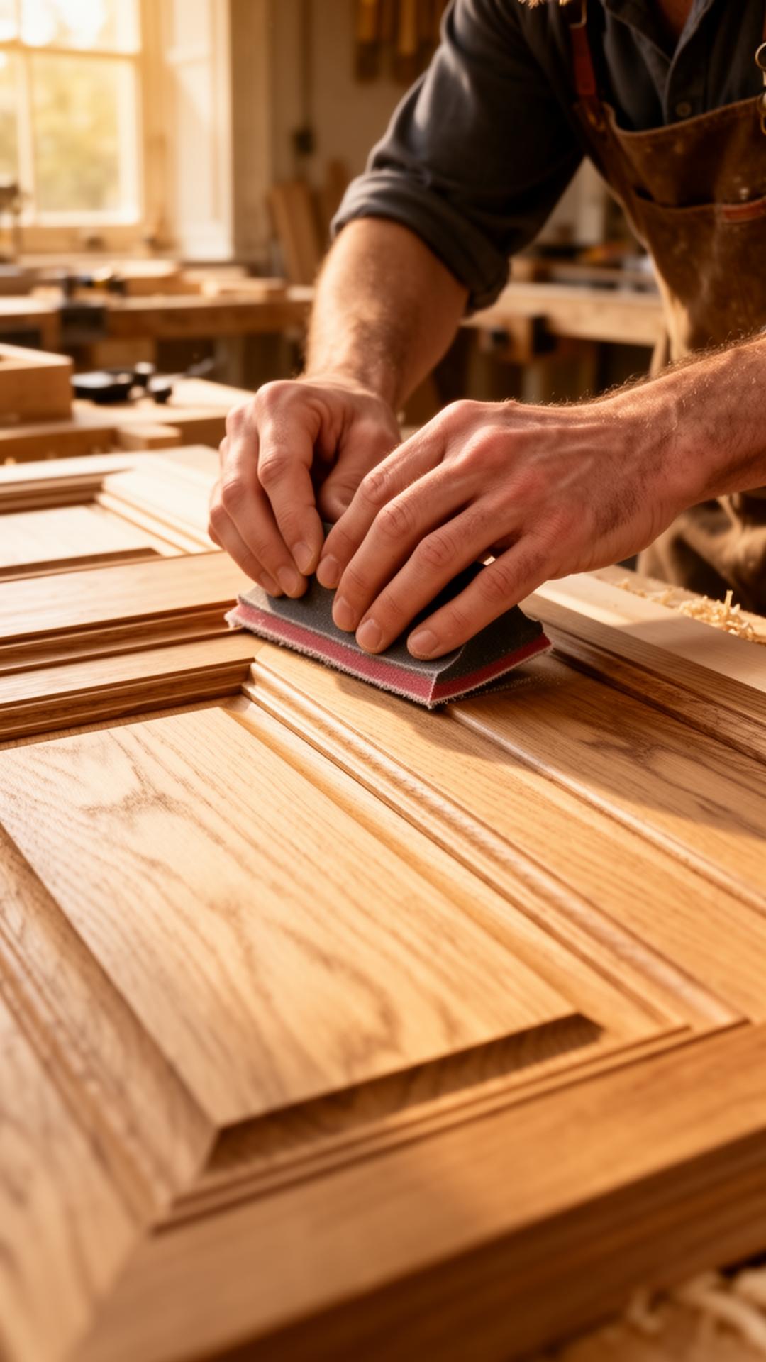 Master carpenter sanding bespoke joinery